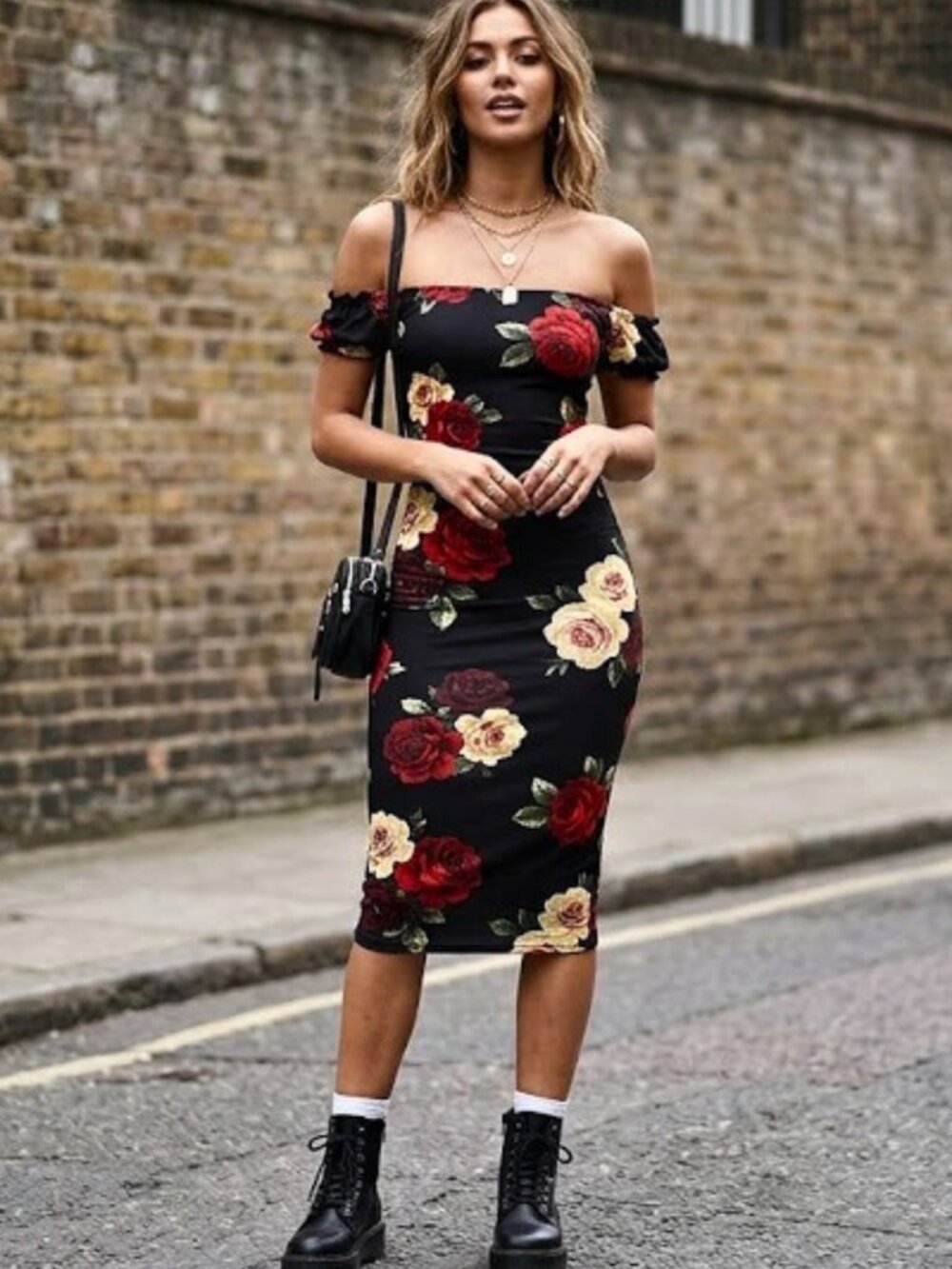 NWT Missguided Black Bardot Floral Off Shoulder Midi Short Casual Dress SZ S